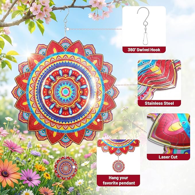 Mandala Wind Spinner, 12 Inch Stainless Steel Wind Spinners Outdoor, 3D Kinetic Laser Cut Hanging Sculpture, Metal Yard Art Decoration, Indoor/Outdoor Decor Gifts for Women, Men, Holidays