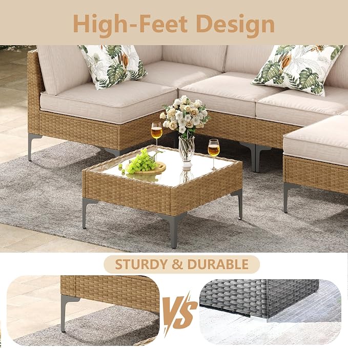 Jing's Villa 3-Piece Outdoor Patio Furniture Set,Rattan Conversation Sectional Sofa w/Coffee Table, All-Weather Patio Conversation Set with Thick and Anti-Slip Cushions for Backyard,Deck,Porch,Beige
