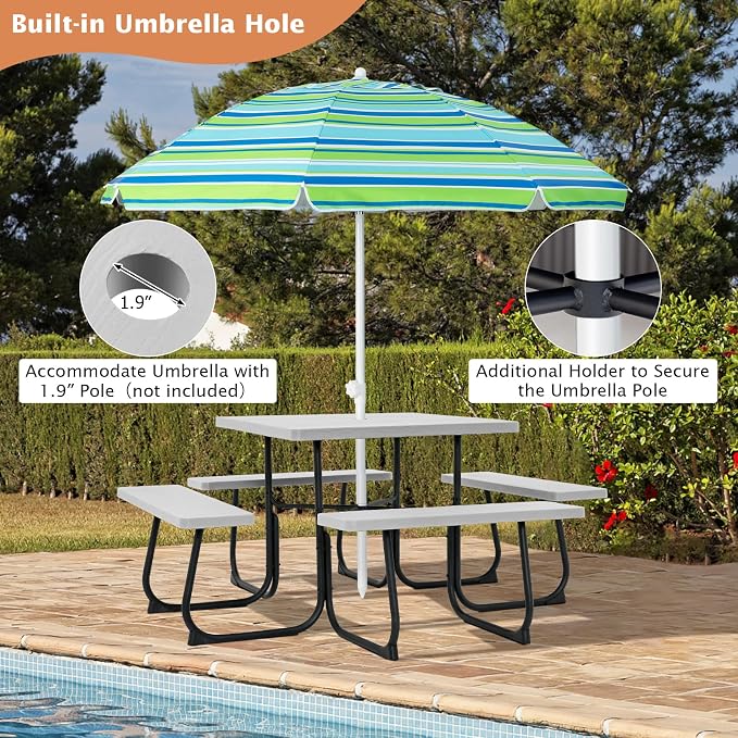 Giantex Picnic Table Bench Set for 8 Persons, Square Outdoor Table with Umbrella Hole, HDPE Top & Metal Frame, 2000LBS Capacity, Patio Table Bench Set for Deck Backyard Garden, Gray