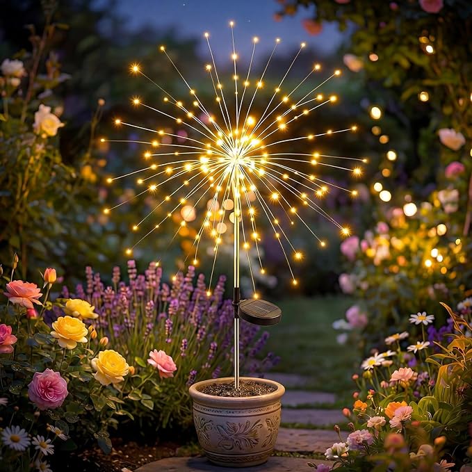 Solar Firework Light, 1 Pack 120 LEDs 8 Lighting Modes Solar Fairy Garden Lights Outdoor Waterproof for Yard Patio Walkway Pathway Party Wedding Balcony Decorative- Warm White