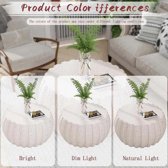 35.43" Indoor Round Coffee Table, Waterproof Coffee Table Modern MgO Cement Design End Tables for Living Room, Outdoor Patio Coffee Tables for Garden, Backyard, Balcony, White