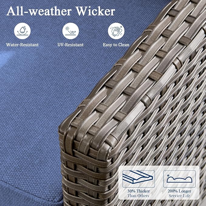 Luxury Patio Furniture sofa Set - 3 Pieces All Weather Wicker Outdoor Couch and High Back Swivel Rocker Patio Chairs with Glass coffee table for Deck Yard and Poolside Gray Wicker | Blue Cushions