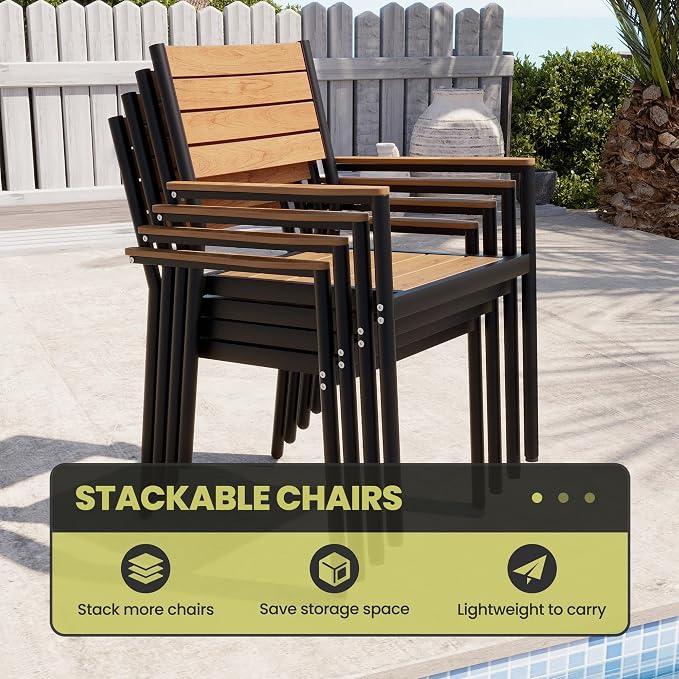 11-Piece Outdoor Dining Set, 95" Aluminum Table and Stackable Armchairs | Umbrella Hole and All-Weather WPC Rectangular Patio Furniture for 10 for Garden Patio Backyard (Brown)