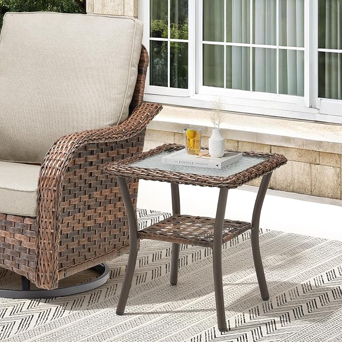 7 PCS Patio Furniture Set, Outdoor Wicker Sofa & 4 Swivel Rocking Chairs with 2 Ottomans, 4-Inch Thick Olefin Cushions, 300 lbs Capacity Rattan Conversation Set for Porch, Beige
