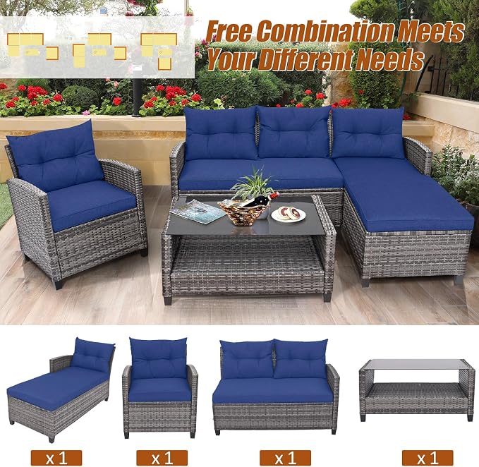 Tangkula 4 Pieces Rattan Conversation Set, Patiojoy Outdoor Furniture Set with Cushions, Lounge Sofa Set with Coffee Table, Patio Sectional Sofa Set for Patio Garden Poolside Backyard (Navy)