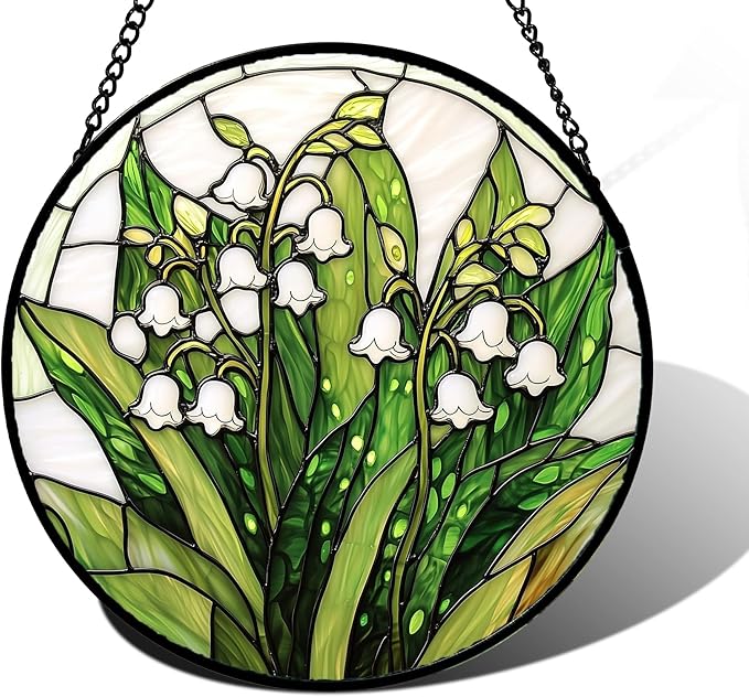 DASTOLL Stained Glass Window Hanging, Lily of the Valley Flower Sun Catchers Colorful Glass Panel Green Plants Suncatcher Decor for Birthday for Women,Men,Wife, Lovers, and Mom 6.3 in