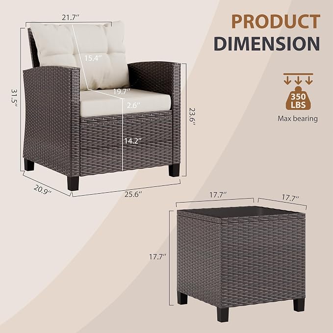 JAMFLY 3 Piece Wicker Patio Furniture Set - Outdoor Rattan Conversation Set with Soft Cushions & Glass Coffee Table for Balcony, Porch, Small Backyard - All Weather Beige Bistro Set, Beige