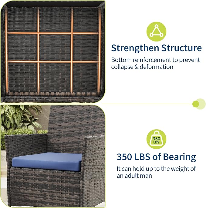 PeakPursuit 3 Pieces Patio Furniture Set, PE Rattan Wicker Patio Set with Soft Cushion and Glass Coffee Table, Upgraded Outdoor Patio Chairs and Table for Garden Poolside Balcony, Blue