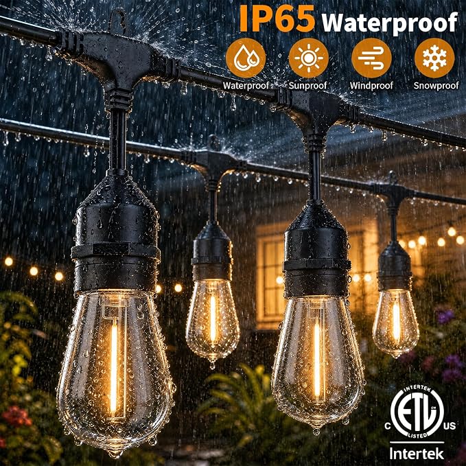 Hotsonic Remote Control Outdoor String Lights Waterproof, 100FT LED Outside Lights with Shatterproof Bulbs, Dimmable Hanging S14 Lights 3 Modes for Patio Porch Garden Pergola Yard House Party Decors