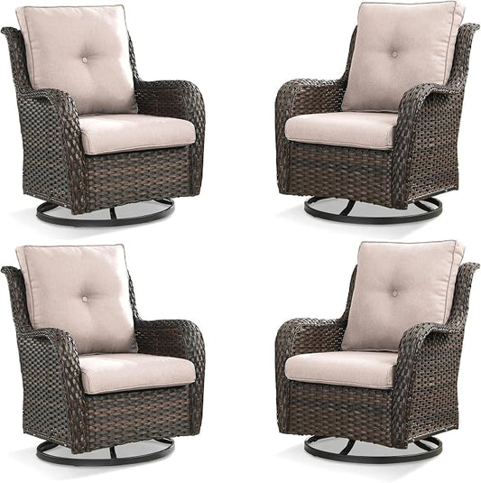 Rilyson Wicker Rocking Chair Swivel Chairs - 4 Piece Rocker Patio Chairs Set Rattan Rocking Chair for Outdoor Porch Deck Garden Backyard(Brown/Beige)