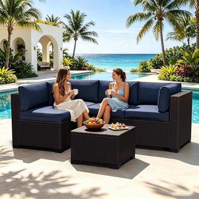 Patio Conversation Sets (Black Brown Rattan & Navy Blue Cushions, 5 Pieces)