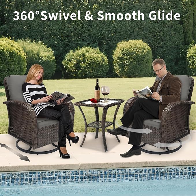 Outdoor Swivel Rocker Patio Chairs 3 Pieces，Swivel Patio Chairs with Cushions，Outdoor Swivel Rocking Chairs Set of 2 with Rattan Side Table，Patio Furniture Set for Outside Porch Deck