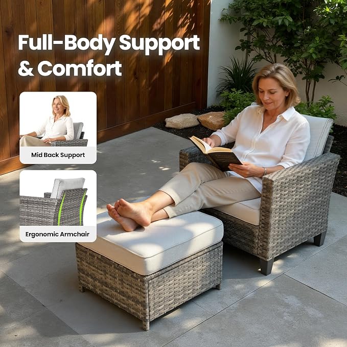 6 Piece Wicker Patio Furniture Set with Solar Table, Gray | Outdoor Deep Seating Sofa Chair Ottoman, Solar Lights Table, All Weather Rattan, Modern Conversation Set, Porch Deck Backyard