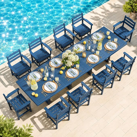 WACASA 12-Piece HDPE Outdoor Dining Set for 10, Weatherproof Poly Lumber Patio Set, Steel-Reinforced Dining Table and Chairs with Umbrella Hole, Blue