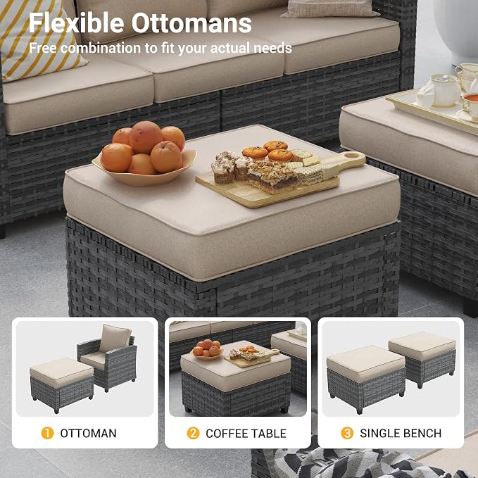 Outdoor Furniture Set, 5 Pcs Wicker Patio Couch with Chairs, Ottomans and Thick Cushions, All Weather Wicker Rattan Patio Conversation Set,Khaki