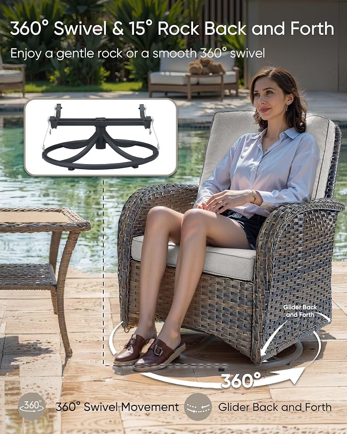 HUMMUH Luxury Patio Furniture Set with High Back Swivel Rocker Chairs & 3 Seater-Couch & Steel Fire Pit Table 5 Pieces Outdoor Conversation Set for Porch,Deck,Backyard