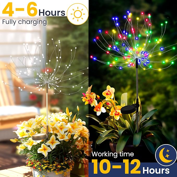 GIGALUMI 4 Pack Solar Firework Lights Outdoor, Garden Decor, Multicolored | 120 LEDs, Fairy Design, Waterproof, Garden Decor, Solar Powered for Yard, Pathway, Flowerbed, Planter, Balcony, Gifts for Mom