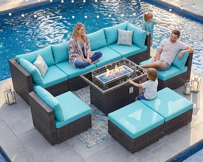 BULEXYARD 9 Pcs Highback Patio Furniture Set with Firepit, High-End Outdoor Sectional Couch with Ottoman 8-Seats, Cozy Comfy Wide Deep Deck Seating Group Conversation, Grey Rattan & Turquoise Cushion