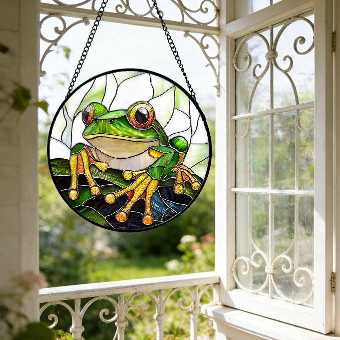 DASTOLL Stained Glass Window Hanging, Green Frog White Petals Sun Catchers Colorful Glass Panel Cute Suncatcher Decor for Birthday for Women, Men, Wife, Aunt, and Mom 6.3 in