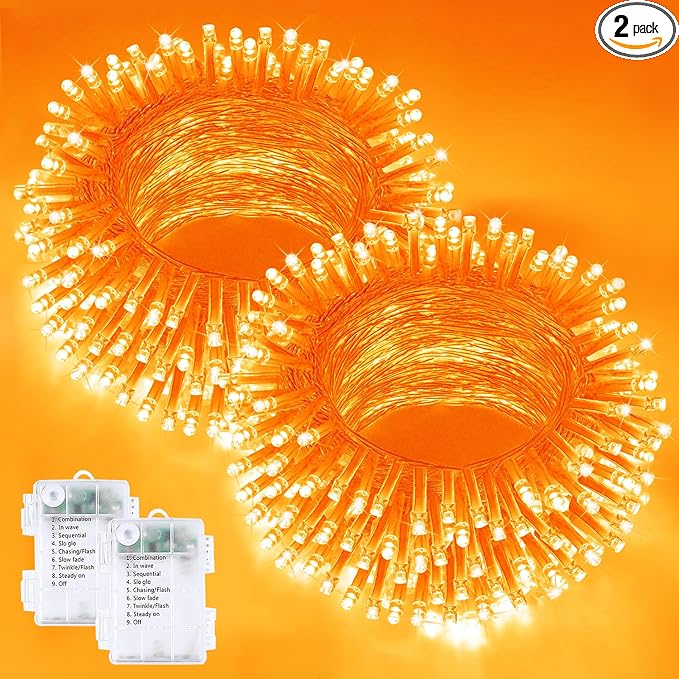 2 Pack 200 LED Battery Operated Halloween Lights, String Lights 8 Modes | 66FT Orange Twinkle Lights with Auto Timer, Battery Fairy Lights Waterproof for Indoor Outdoor Party Bedroom Porch Decor