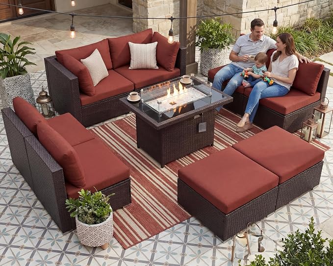 BULEXYARD 9 Piece Highback Patio Furniture Set with Fire Pit Table, Modern Modular Outdoor Sectional Couch Sofa with Ottoman, 8-Person Backyard Seating for Outside, Deck, Brown Wicker & Red Cushion