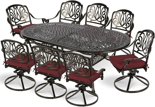 MEETWARM 9-Piece Outdoor Patio Dining Set, All-Weather Cast Aluminum Patio Conversation Set for Backyard Garden Deck with 8 Cushioned Swivel Rocker Chairs, 1 Oval Table, 2" Umbrella Hole, Chili Red