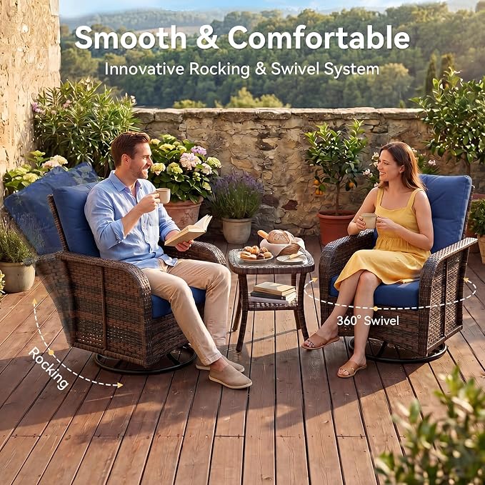 Aoxun 9-Piece Patio Furniture Set with Thick Cushions, Wicker Outdoor Sectional Sofa with High Back Swivel Rocker Chairs, Outdoor Patio Furniture Set with Coffee Table & Ottoman, Blue