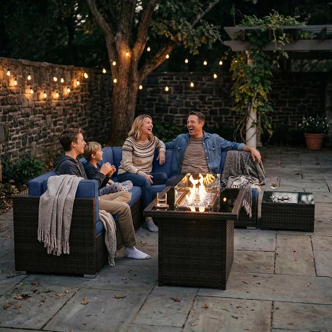 10 Pieces Patio Furniture Set with 44" Propane Gas Fire Pit Table, Outdoor Sectional Brown Rattan Wicker Conversation Sofa Sets with Coffee Table