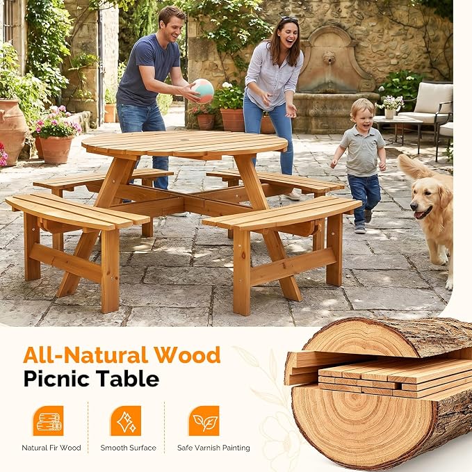 VINGLI Wood Picnic Table Outdoor Round Picnic Table with 7.5ft Umbrella and 4 Built-in Benches, Outdoor Dining Tables and Chairs 550 LBS Bench Capacity (Navy, Round)