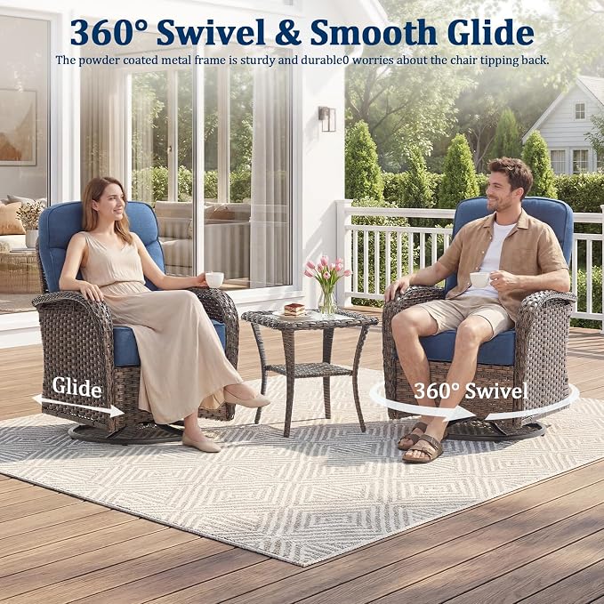Outdoor Swivel Rocking Chair Patio Set (5-Piece), High-Back - Thick Cushion Swivel Rocking Chair Patio Set, All-Weather Wicker Patio Furniture Set, Suitable for Balcony Patios, Brown/Blue