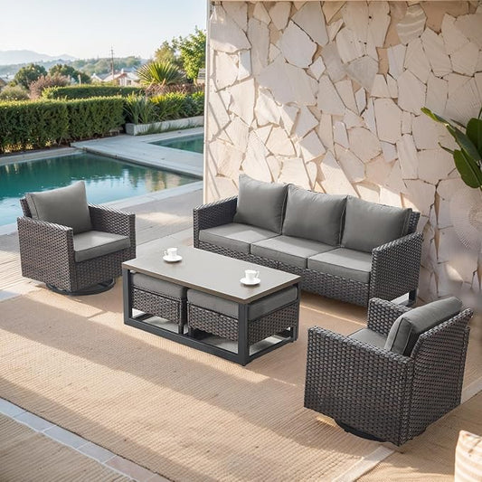 Belord 6 Piece Outdoor Furniture Patio Wicker Sofa Set, Oversize Outdoor Swivel Rocker Chairs with Rattan Ottomans, Conversation Sets Patio Furniture Come with Removable Washable Blue Cushion