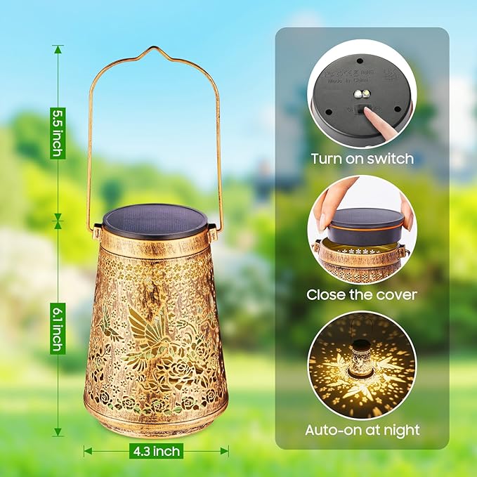 4 Pack Solar Lanterns Outdoor Waterproof, Birthday Gifts for Women Mom | Hollow-Out Metal Hummingbird Lantern, 2 Lighting Modes, Outside Hanging Solar Lights for Christmas Decorations, Garden Decor