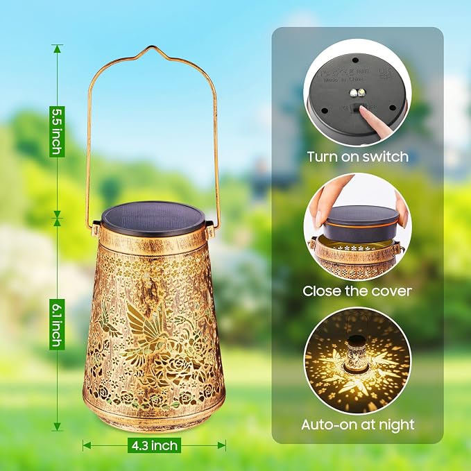 2 Pack Solar Lanterns Outdoor Waterproof Birthday Gifts for Women Mom Grandma, Hollowed-Out Metal Hummingbird Hanging Solar Lantern Lights Outdoor Decor, 2 Modes Lights Decor for Yard, Patio