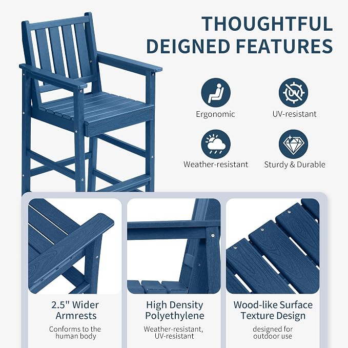 Adirondack Chairs Set of 4, All Weather HDPE Counter Height Bar Chair with Wide Armrests & Footrest, Heavy-Duty Outdoor Bar Height Barstools Set for Patio, Balcony, Pool, Backyard, Blue