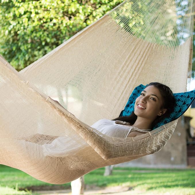 NOVICA Natural Off White Hand Woven Nylon Mayan 2 Person XL Rope Hammock with Hanging Accessories, 'Caribbean Beach' (Double)