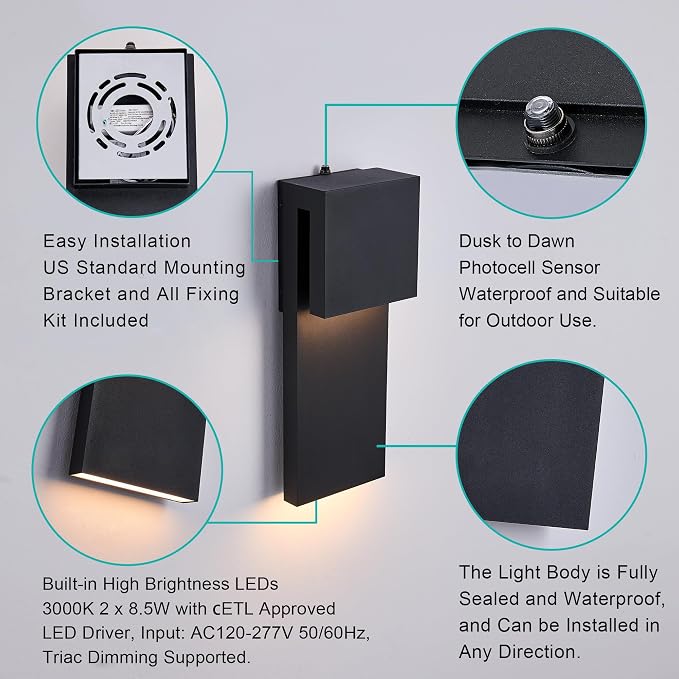 Tarentlight Dusk to Dawn Outdoor Lighting Fixture Wall Mount,Modern Integrated LED 2-Light 17W, Exterior Sensor Front Porch Light,Textured Black,Anti Rust Outside Wall Lights for House,Doorway,Garage