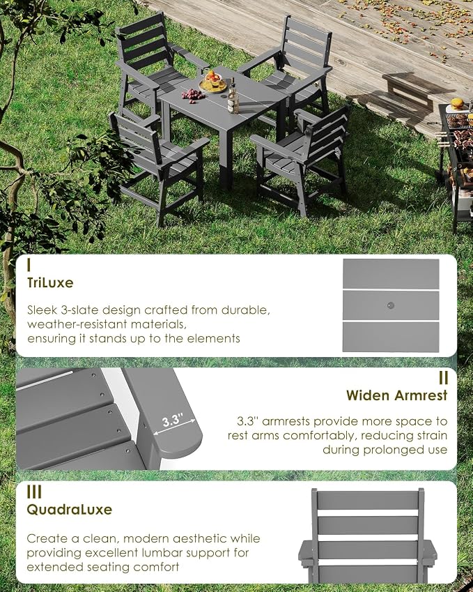 GREENVINES 5-Piece-Outdoor-Dining-Set | HDPE | Square | Patio Furniture | Table and Chairs Sets for 4 | All Weather | Umbrella Hole | for Backyard Poolside Garden | QuadraLuxe | Grey