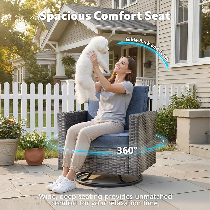 CAODOC 7 Pieces Outdoor Wicker Patio Set with 7 Seats, Including 43" Fire Pit - Swivel Rocker Chairs and Conversation Set for Backyard or Lawn, Gray Rattan with Waterproof Blue Cushions