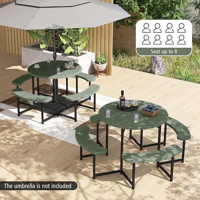 Byroce 6-8 Person Picnic Table for Outdoors, HDPE Picnic Table Set with 4 Benches, Umbrella Hole & Metal Frame, Heavy Duty Round Dining Table Chairs for BBQ Party in Patio, Yard & Poolside (Green)