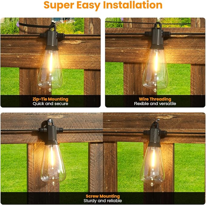Kawaya Outdoor String Lights for Patio - ST38 Outside IP65 Waterproof Hanging Light with 2700k~6000k Dimmable - 50FT Led Edison Lights for Cafe Bistro Yard Gazebo Porch