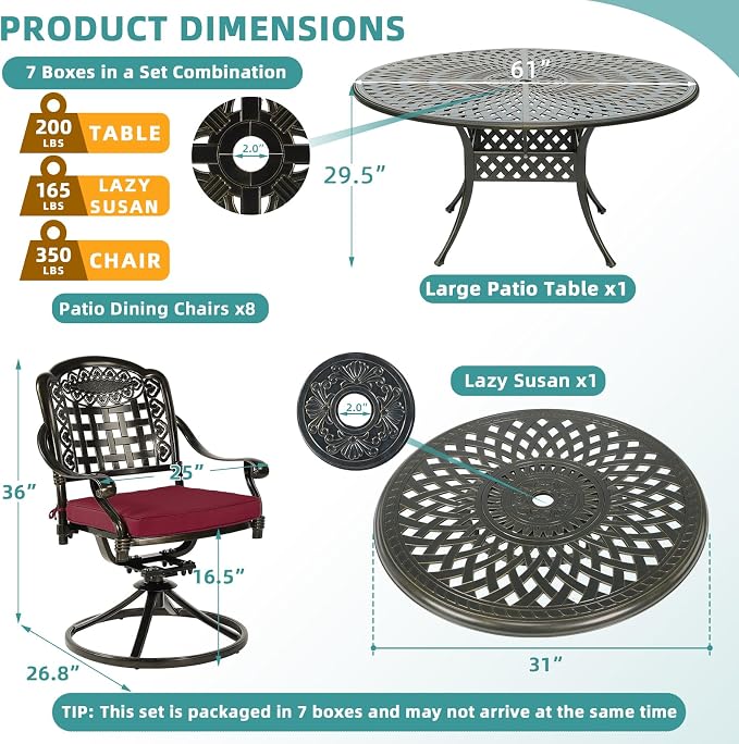 MEETWARM Outdoor 9-Piece Patio Dining Set, All-Weather Cast Aluminum Patio Conversation Set- 8 Cushioned Swivel Rocker, 61" Round Patio Dining Table w/Detachable Lazy Susan/Umbrella Hole, Chili Red