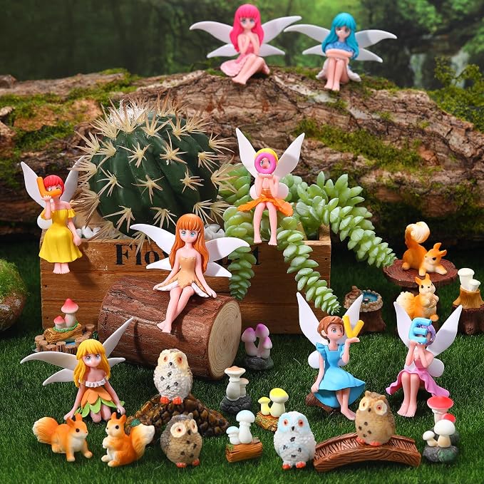 33 Pcs Fairy Garden Miniature Kit Resin Fairies Animal | Weatherproof Solid Resin, PVC Colorful Fairies, Assorted Animal Mushroom Pond Decor, for Terrarium Patio Dollhouse DIY Craft