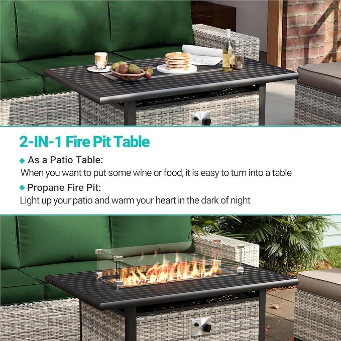 16-Piece Outdoor Patio Furniture Set with Rocking Swivel Chair, PE Wicker Rattan Sectional Sofa Patio Conversation Set with 55,000 BTU Fire Pit Table & Coffee Table, Green