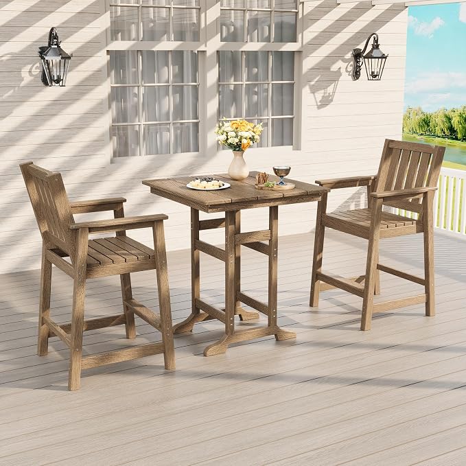 GAOMON Square Outdoor Bar Height Table, Patio Tall Side Bistro Table with Umbrella Hole, Weather Resistant High Top Dining Table for Backyard, Garden, Deck, Porch, Brown