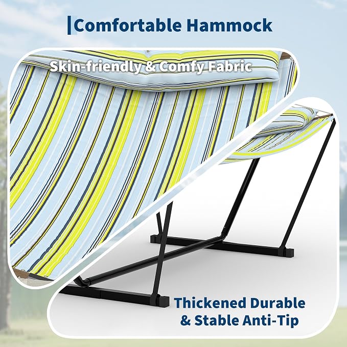 Double Hammock with Stand for Outdoor Use – 2-Person Portable Hammock with Curved Spreader Bar & Balance Ropes, Heavy Duty 450 LBS Capacity for Backyard, Patio & Camping, Green Blue Stripes