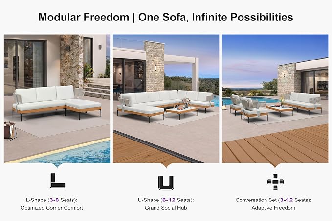PURPLE LEAF Patio Furniture Set Outdoor Sectional Sofa with Coffee Table Fade-Resistant Cushions Wicker L-Shaped 5 Pieces Aluminum Convertible Daybed for Balcony Yard Garden Poolside, White