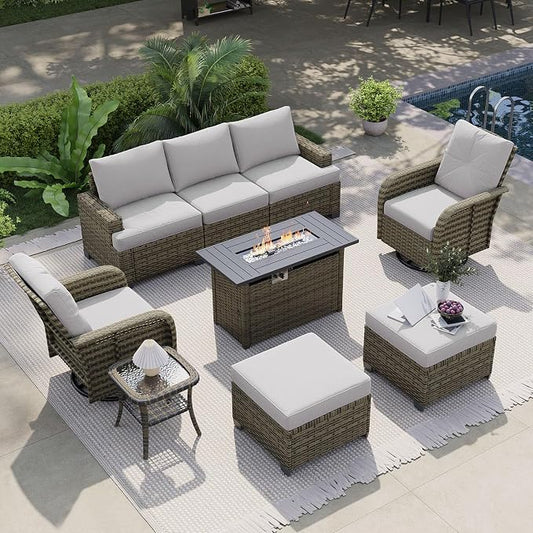 LET'S PATIO Luxury Patio Furniture Set with Fire Pit Table，9 Piece Outdoor Furniture Sectional Set with Swivel Rocker Chairs of 2，All-Weather Patio Sectional Sofas with Thickened Cushions, Grey