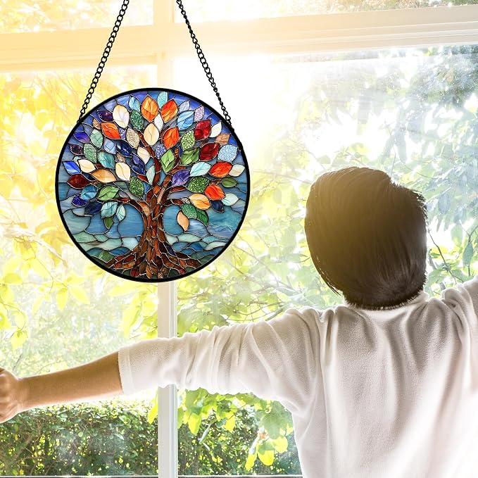 DASTOLL Stained Glass Window Hanging, Colorful Tree of Life Sun Catchers Glass Panel Blue Suncatcher Decor for Birthday for Women, Men, Wife, Aunt, and Mom 6.3 in