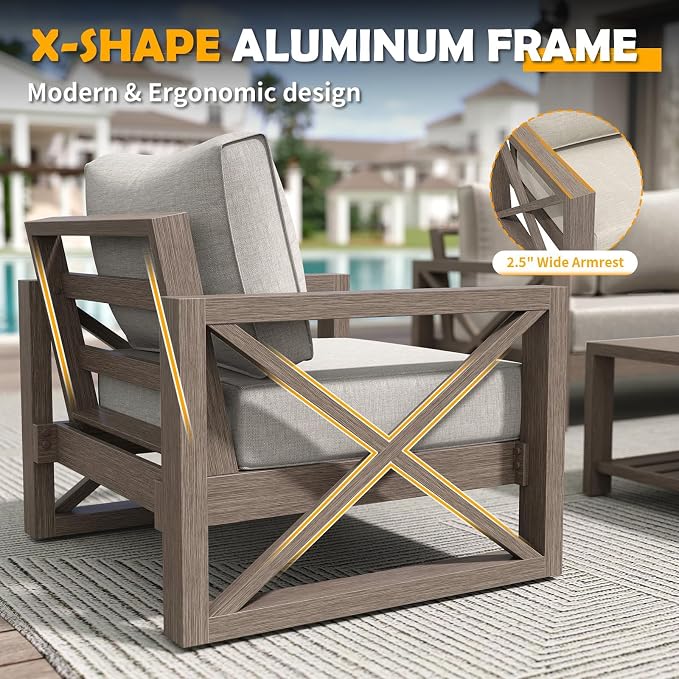 Amopatio Aluminum Patio Furniture Set, 6 Pieces Modern Metal Outdoor Furniture, Faux Wood Grain Finish Frame Patio Sofa Sets with 6" Cushion for Backyard, Beige