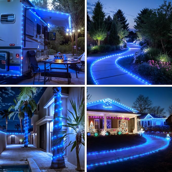 ICRGB Solar Pool Lights, 66FT 200LED 1800mAh Solar Rope Lights (Blue) | Type C & Solar, With Remote, Waterproof, Timing, 8 Modes, for Above Ground Pool Garden Patio Fence Walkway Christmas